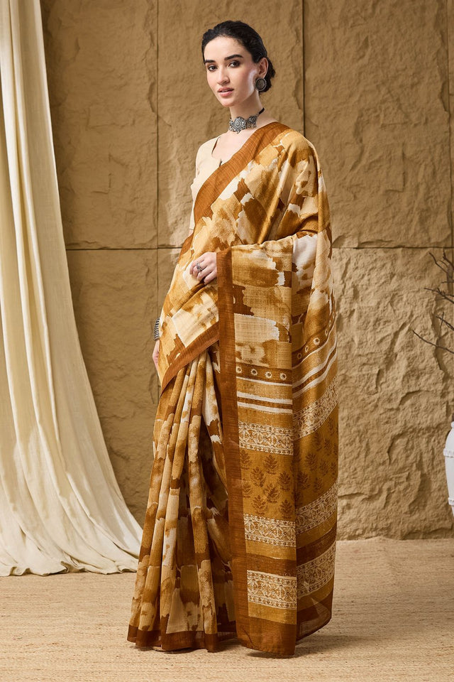 Mustard Printed Silk Blend Ready to Wear Saree (ACB1283)