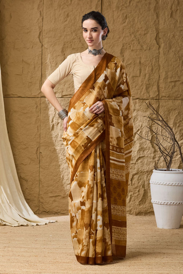Mustard Printed Silk Blend Ready to Wear Saree (ACB1283)