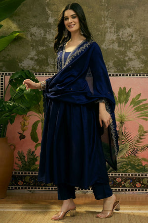 Blue Floral Embroidered Silk Anarkali Suit (ACB1284)