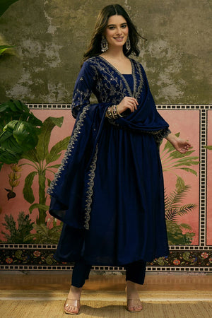 Blue Floral Embroidered Silk Anarkali Suit (ACB1284)