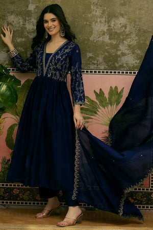 Blue Floral Embroidered Silk Anarkali Suit (ACB1284)