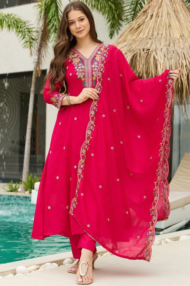 Pink Floral Embroidered Silk Anarkali Suit (ACB1285)