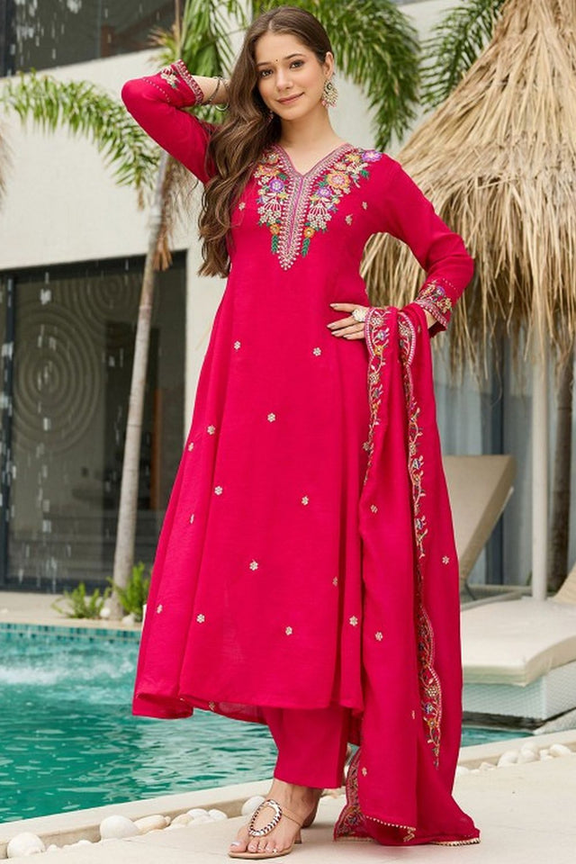 Pink Floral Embroidered Silk Anarkali Suit (ACB1285)