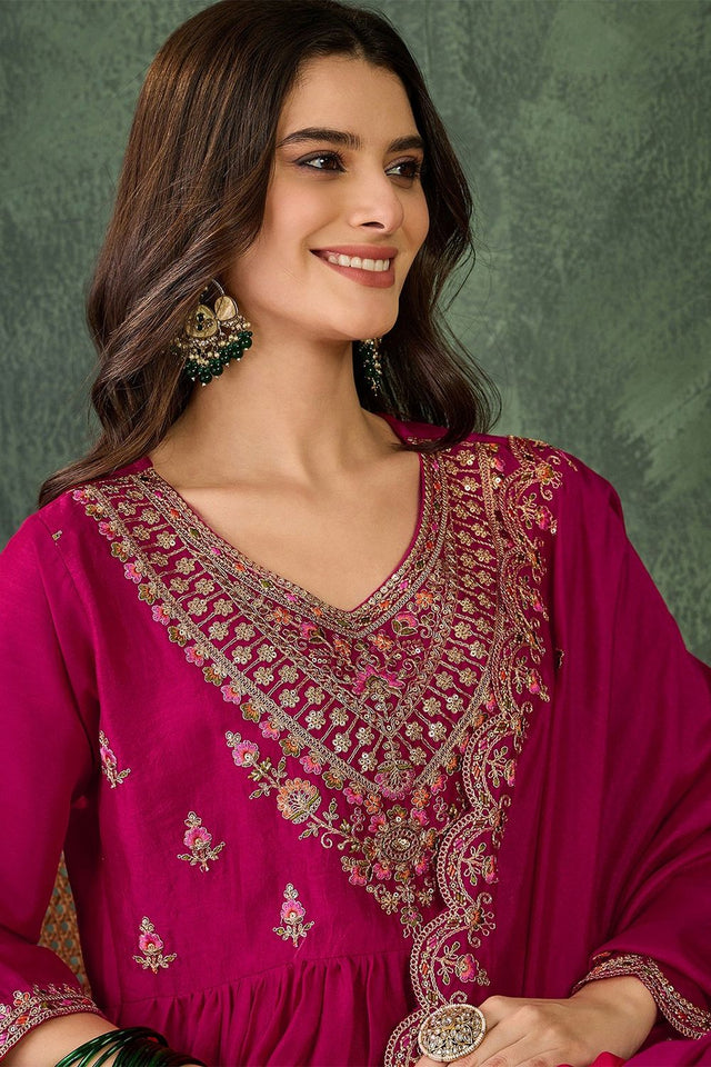 Pink Floral Embroidered Silk Anarkali Suit (ACB1286)