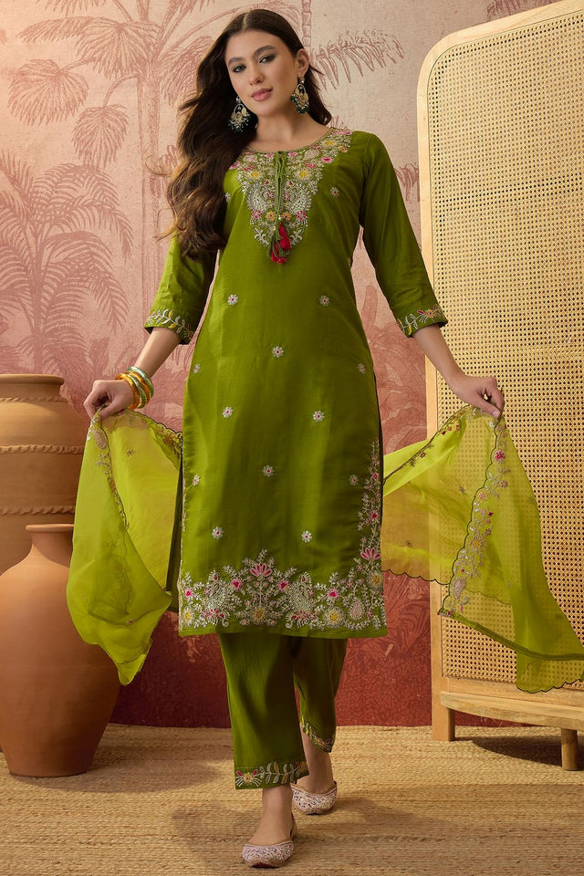 Mehendi Floral Embroidered Rayon Straight Cut Suit (ACB1287)