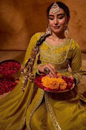 Mustard Sequin Silk Palazzo Suit (ACB1289)