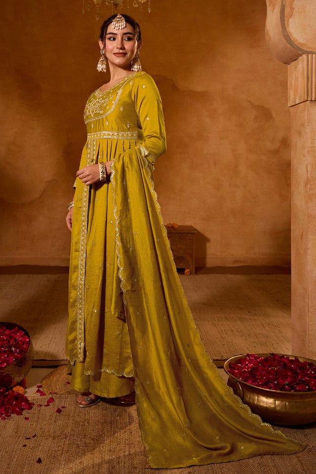 Mustard Sequin Silk Palazzo Suit (ACB1289)