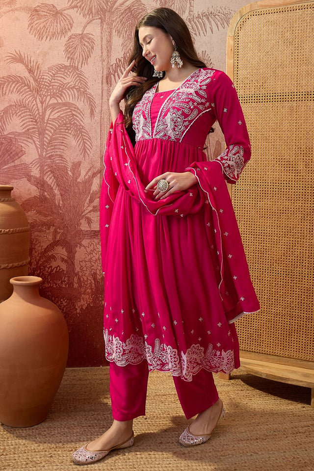 Pink Floral Embroidered Silk Anarkali Suit (ACB1290)