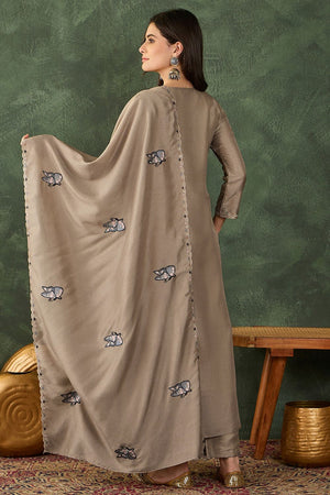Beige Floral Embroidered Silk Anarkali Suit (ACB1291)