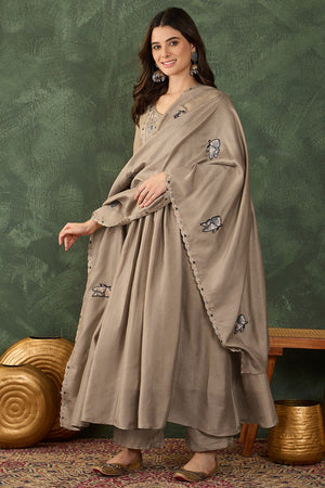 Beige Floral Embroidered Silk Anarkali Suit (ACB1291)