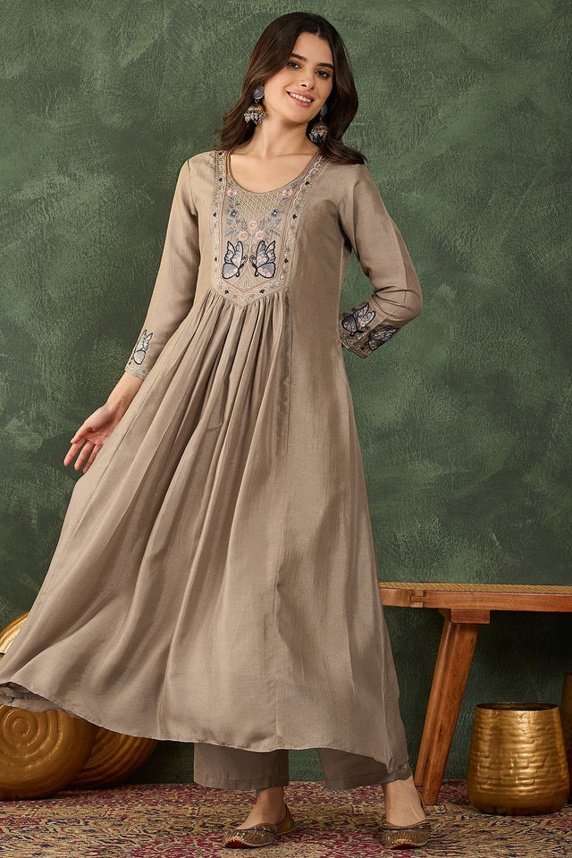 Beige Floral Embroidered Silk Anarkali Suit (ACB1291)