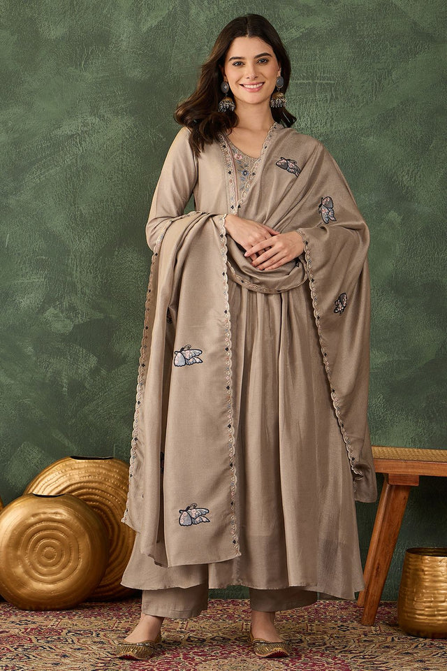 Beige Floral Embroidered Silk Anarkali Suit (ACB1291)