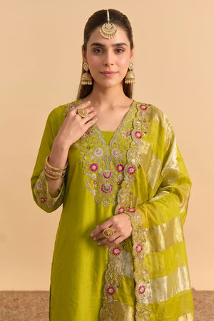 Green Floral Embroidered Silk Blend Straight Cut Suit (ACB1292)