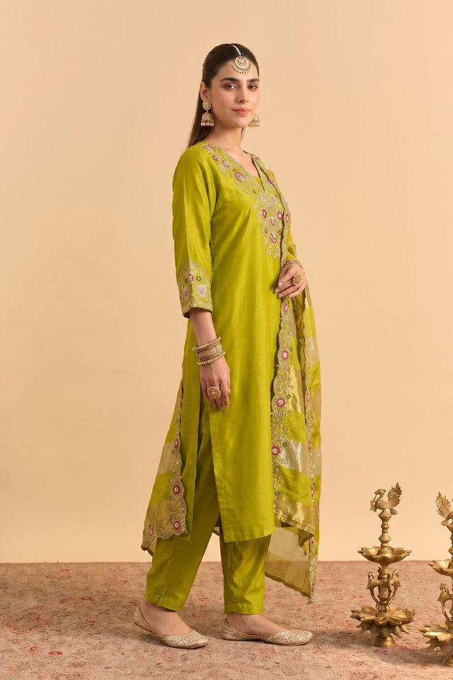 Green Floral Embroidered Silk Blend Straight Cut Suit (ACB1292)