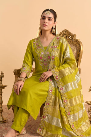 Green Floral Embroidered Silk Blend Straight Cut Suit (ACB1292)