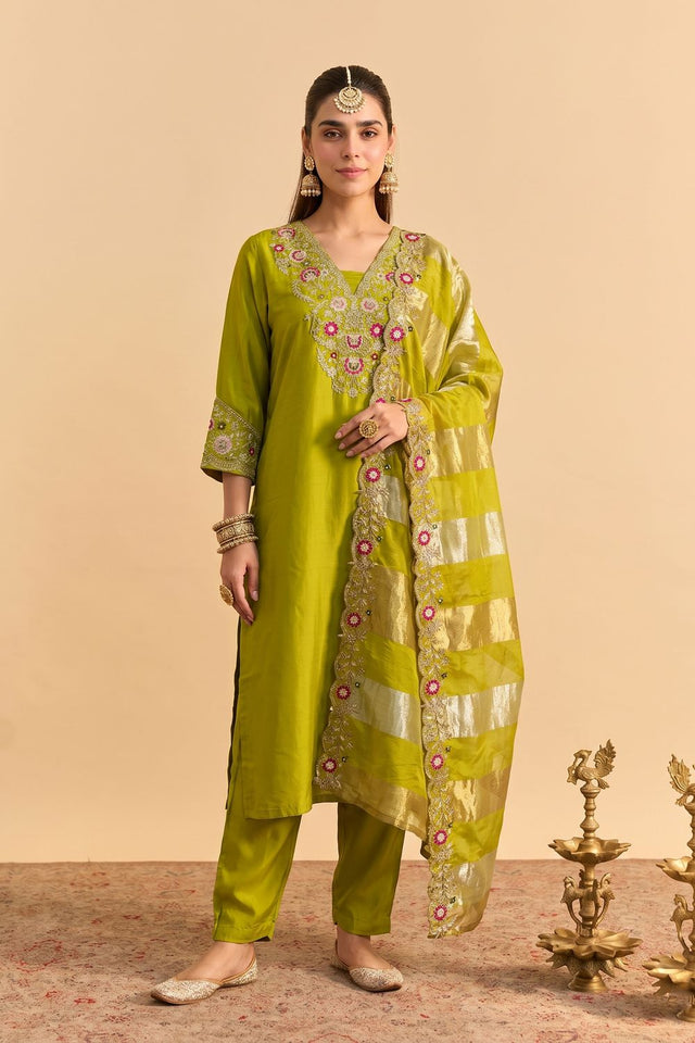 Green Floral Embroidered Silk Blend Straight Cut Suit (ACB1292)