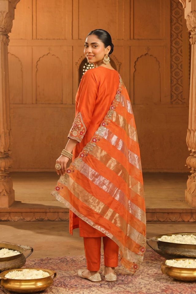 Rust Floral Embroidered Silk Blend Straight Cut Suit (ACB1293)
