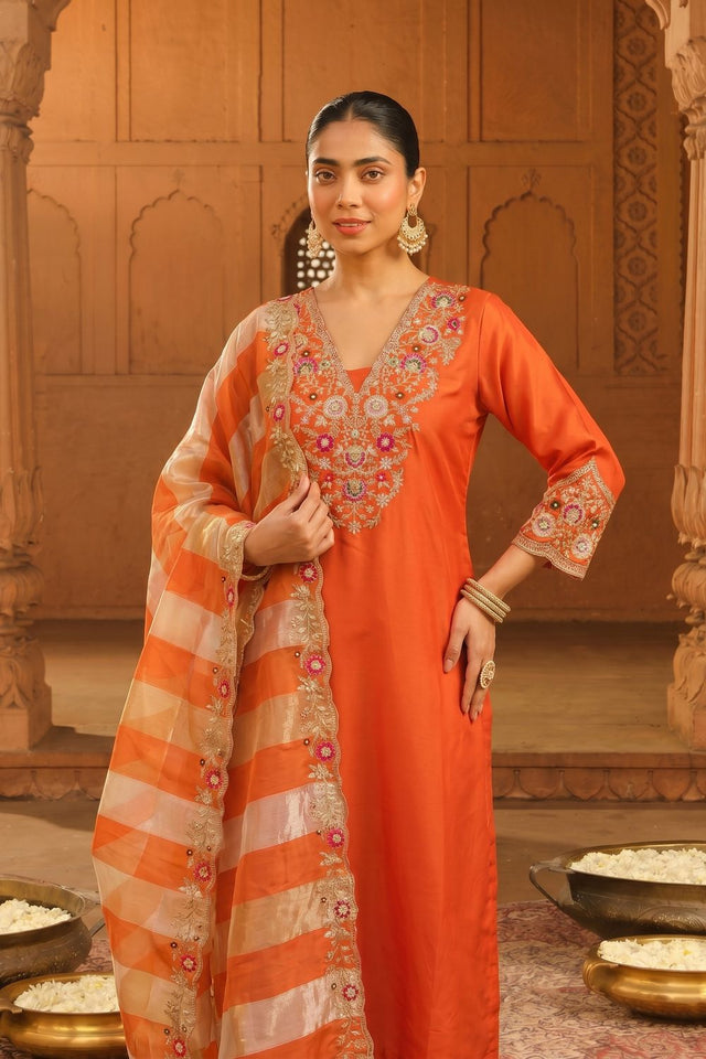 Rust Floral Embroidered Silk Blend Straight Cut Suit (ACB1293)