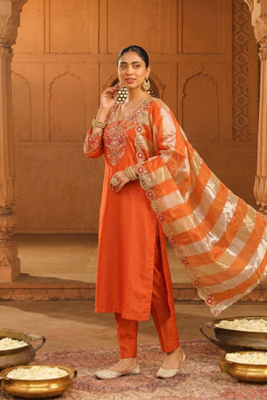 Rust Floral Embroidered Silk Blend Straight Cut Suit (ACB1293)