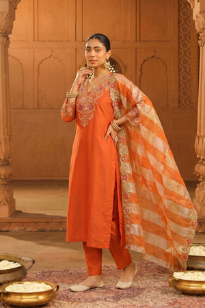 Rust Floral Embroidered Silk Blend Straight Cut Suit (ACB1293)