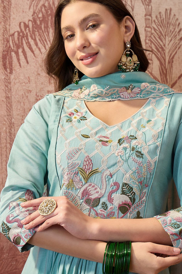 Blue Embroidered Silk Anarkali Suit (ACB1294)