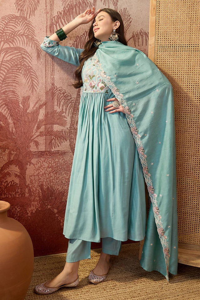 Blue Embroidered Silk Anarkali Suit (ACB1294)