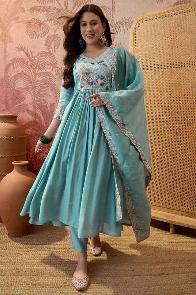Blue Embroidered Silk Anarkali Suit (ACB1294)