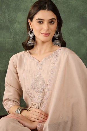 Beige Floral Embroidered Silk Palazzo Suit (ACB1295)
