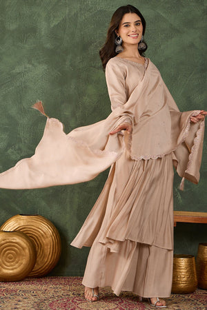 Beige Floral Embroidered Silk Palazzo Suit (ACB1295)