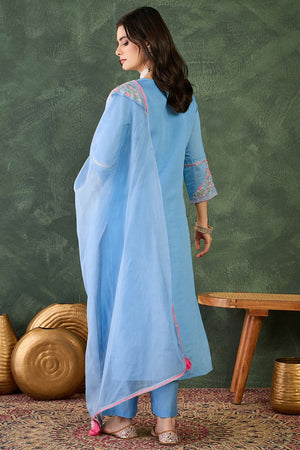 Blue Floral Embroidered Silk Straight Cut Suit (ACB1296)