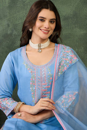 Blue Floral Embroidered Silk Straight Cut Suit (ACB1296)