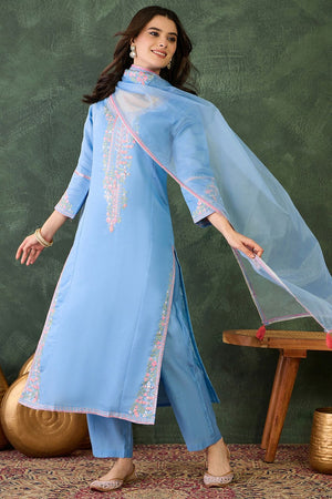 Blue Floral Embroidered Silk Straight Cut Suit (ACB1296)
