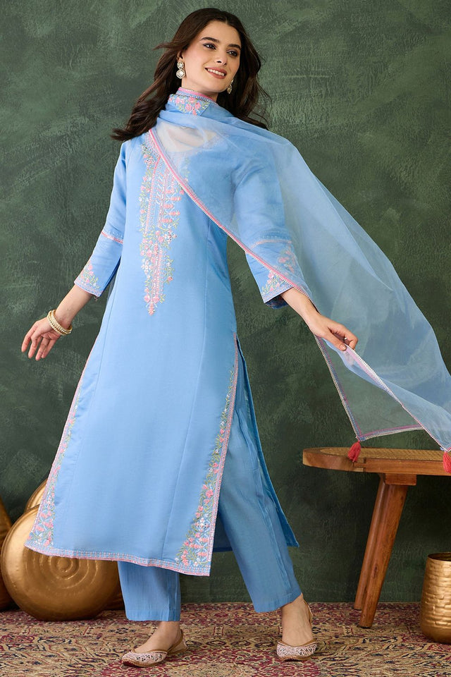 Blue Floral Embroidered Silk Straight Cut Suit (ACB1296)
