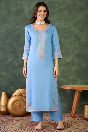 Blue Floral Embroidered Silk Straight Cut Suit (ACB1296)