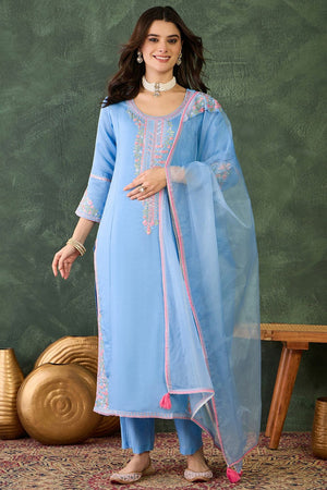 Blue Floral Embroidered Silk Straight Cut Suit (ACB1296)