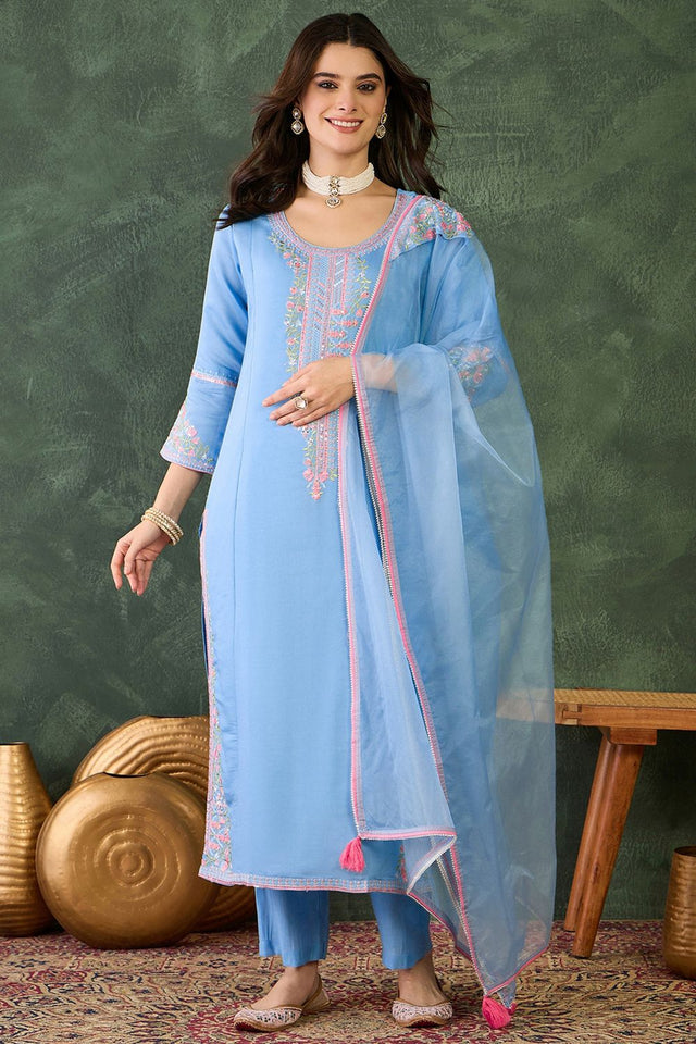 Blue Floral Embroidered Silk Straight Cut Suit (ACB1296)