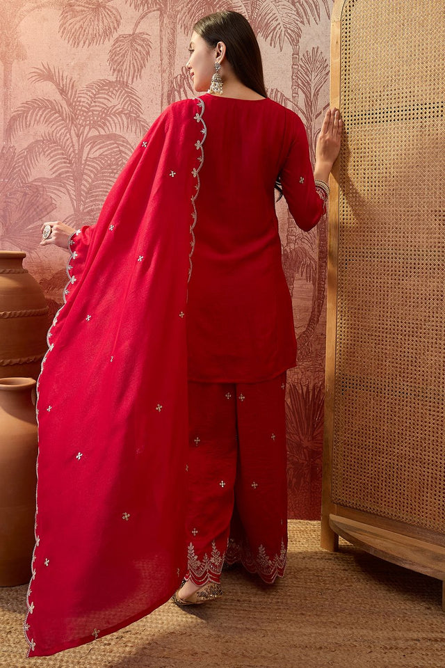 Red Floral Embroidered Silk Palazzo Suit (ACB1297)
