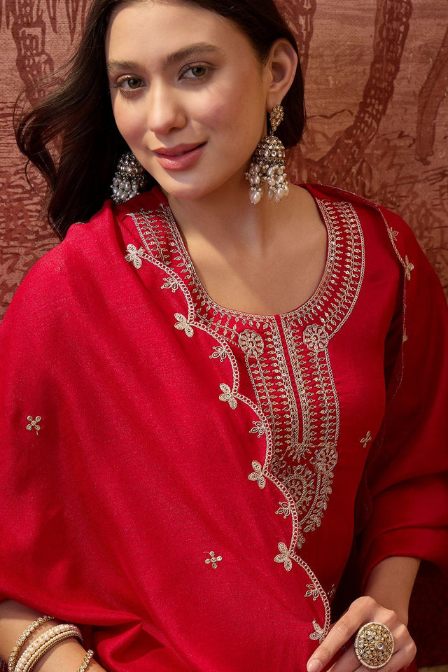 Red Floral Embroidered Silk Palazzo Suit (ACB1297)