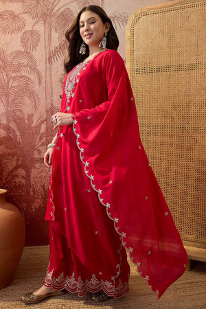 Red Floral Embroidered Silk Palazzo Suit (ACB1297)