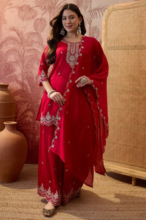 Red Floral Embroidered Silk Palazzo Suit (ACB1297)