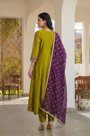 Olive Green Floral Embroidered Silk Anarkali Suit (ACB1298)