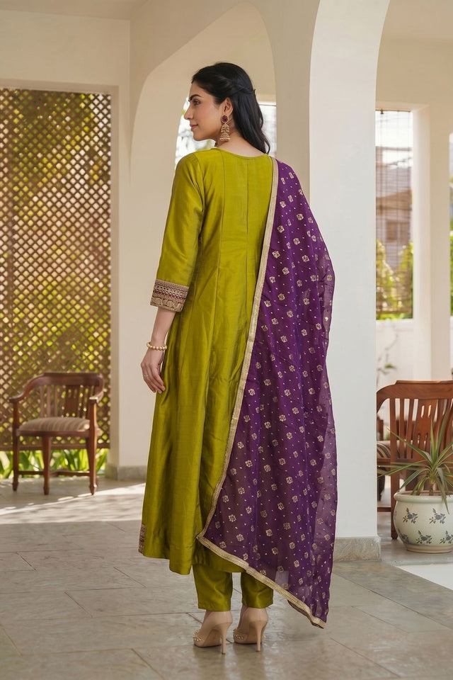 Olive Green Floral Embroidered Silk Anarkali Suit (ACB1298)