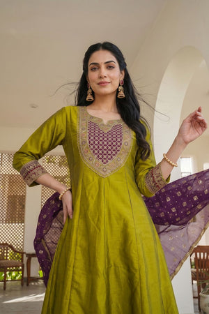 Olive Green Floral Embroidered Silk Anarkali Suit (ACB1298)