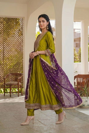 Olive Green Floral Embroidered Silk Anarkali Suit (ACB1298)