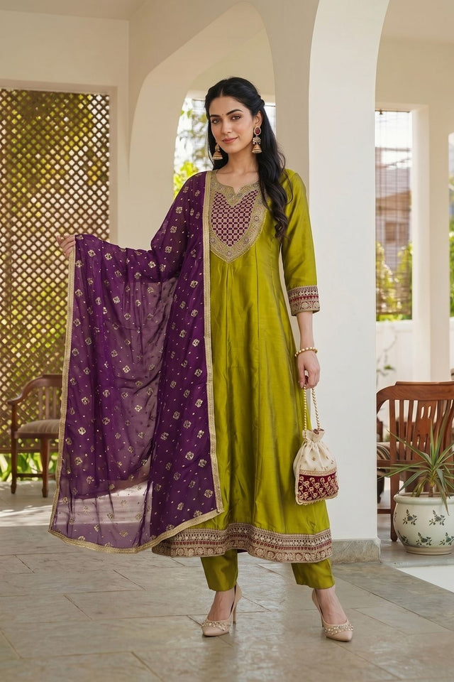 Olive Green Floral Embroidered Silk Anarkali Suit (ACB1298)