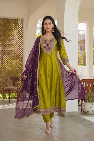 Olive Green Floral Embroidered Silk Anarkali Suit (ACB1298)