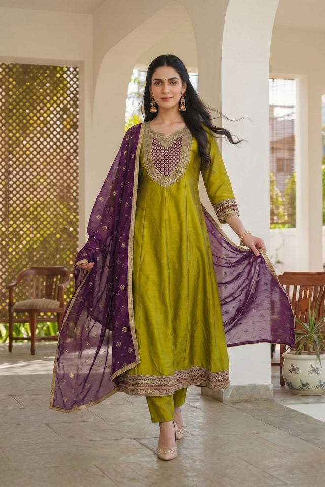 Olive Green Floral Embroidered Silk Anarkali Suit (ACB1298)
