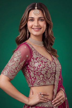 Pink Floral Embroidered Net Lehenga (ACB1299)