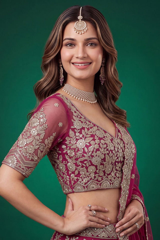 Pink Floral Embroidered Net Lehenga (ACB1299)