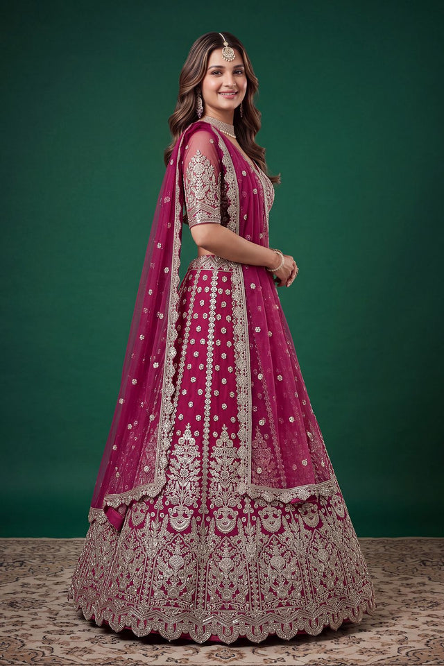 Pink Floral Embroidered Net Lehenga (ACB1299)